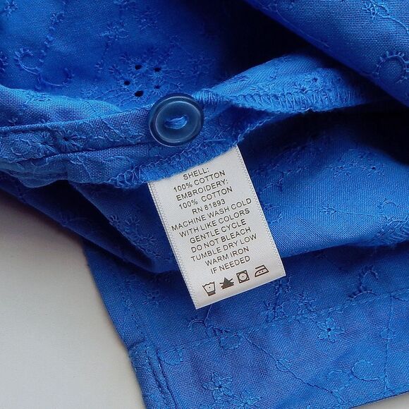 Denim & Co Cotton Eyelet Blue Button-Down Top Tunic Sz M Embroidered 3/4 Sleeve - Picture 8 of 8